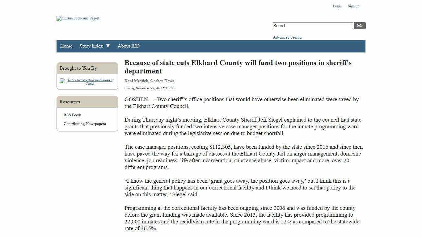 Because of state cuts Elkhard County will fund two positions in sheriff's department - Indiana Economic Digest